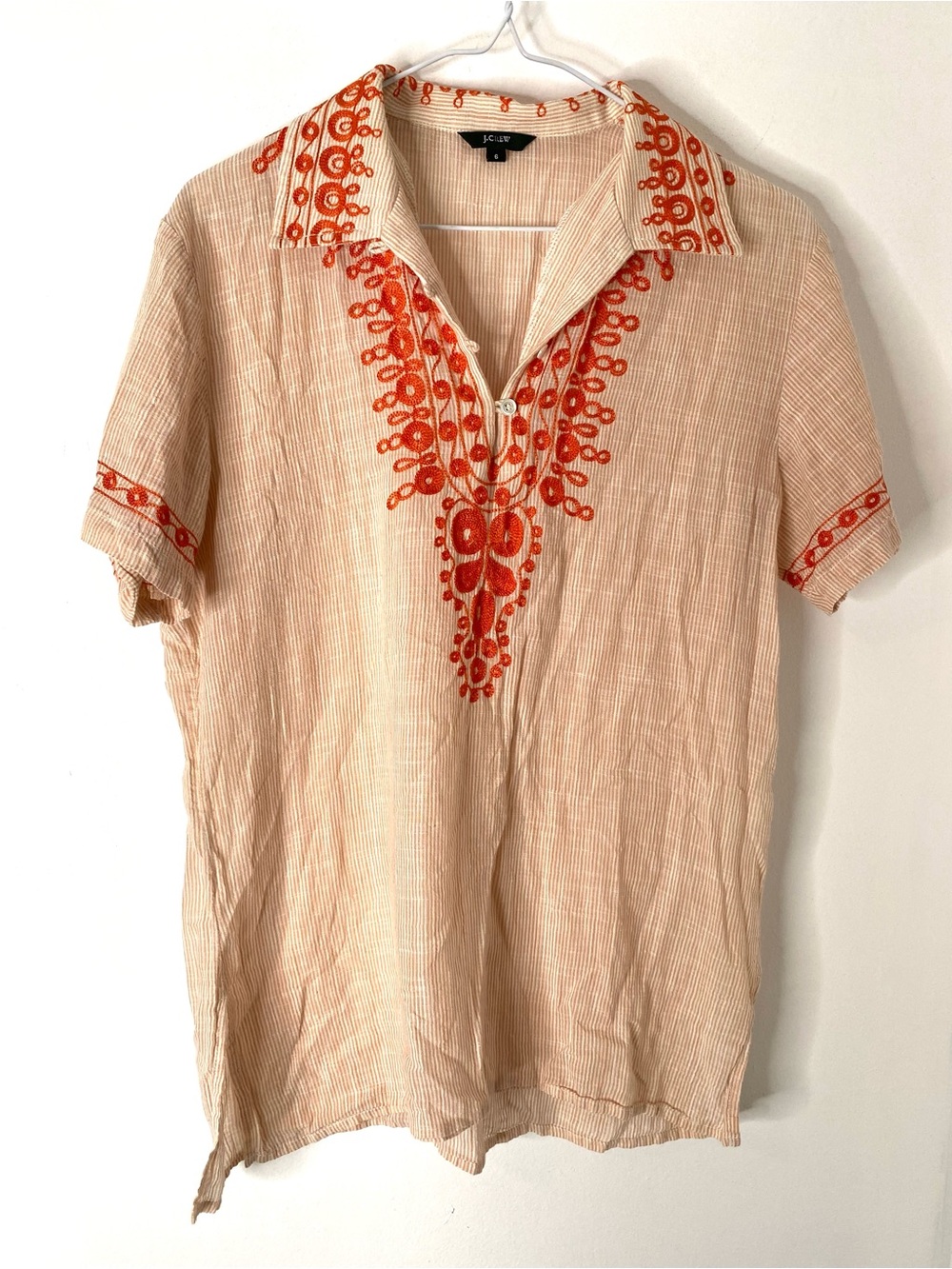 J. Crew Embroidered Striped Tunic Top Orange Short Sleeve Boho